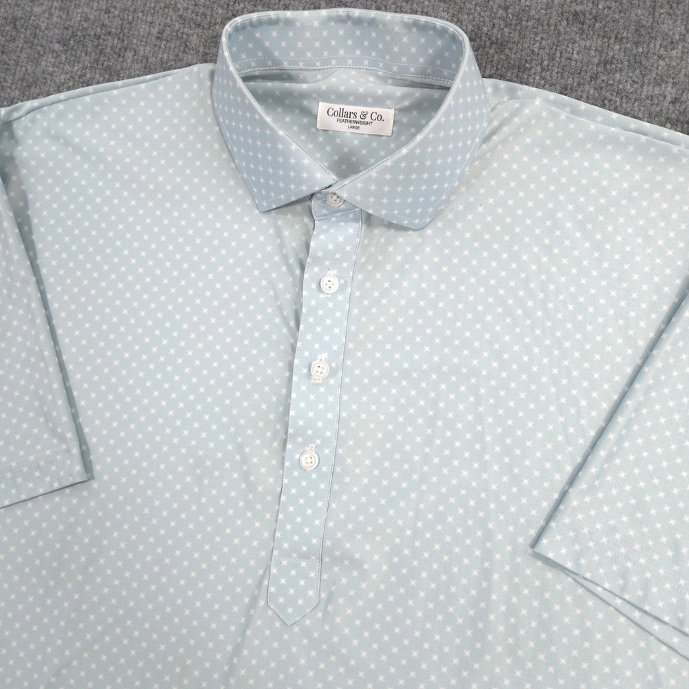 Collars & Co Featherweight Polo Mens L Light Blue Geometric AOP Performance Golf